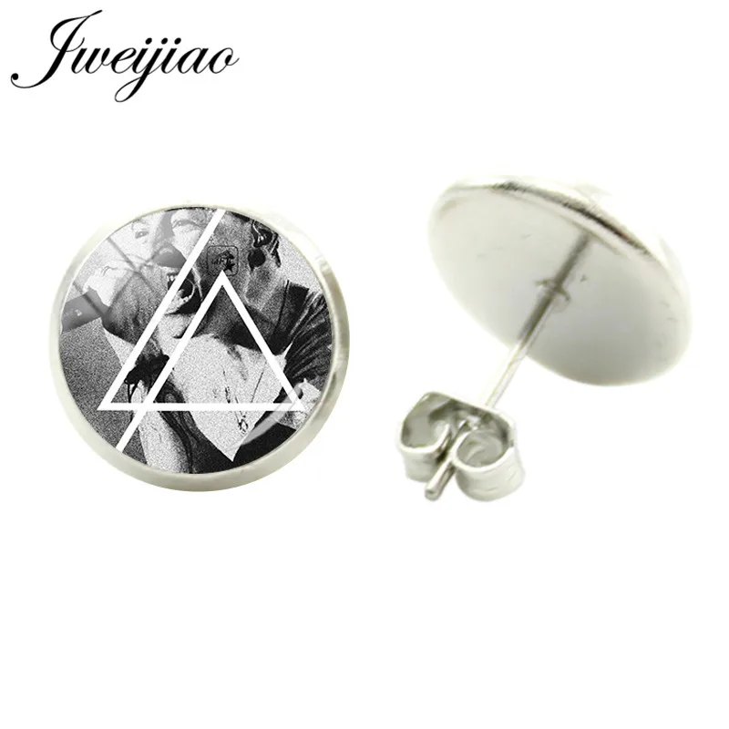 

JWEIJIAO Fashion Silver Color Linkin Park Earrings Rock Band Sign Stud Earrings Glass Cabochon Dome Picture Fans Jewelry LK23