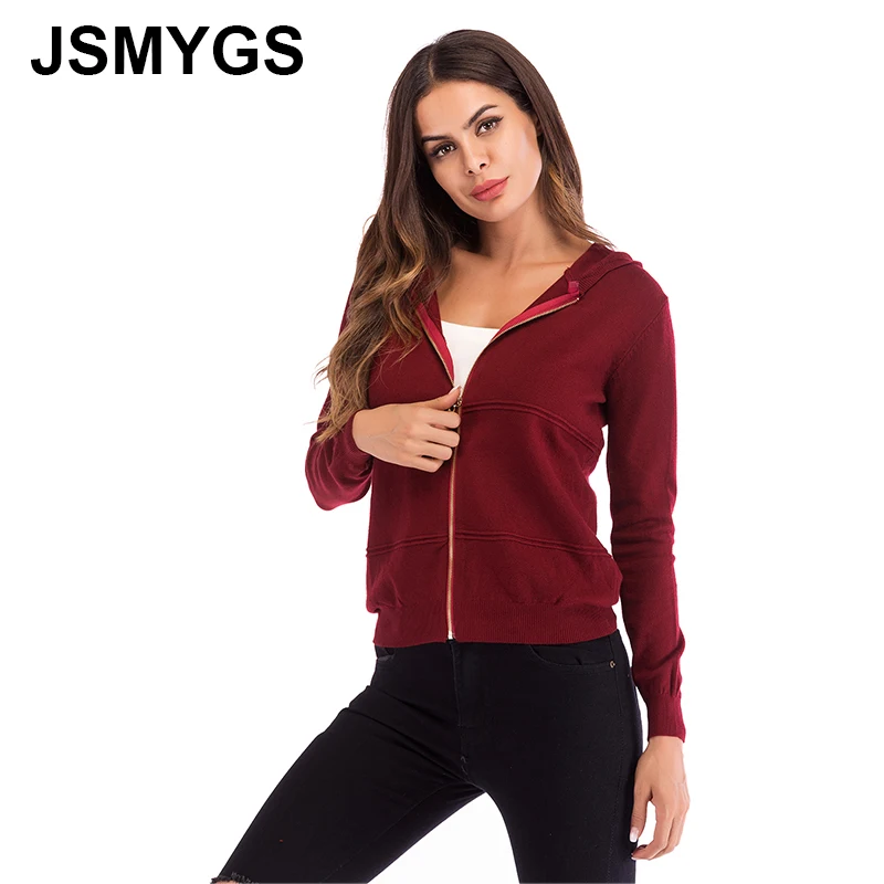 JSMYGS модный Женский вязаный кардиган однотонный с капюшоном на молнии Европа и