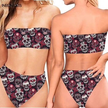 

INSTANTARTS Classic Trendy Sugar Skull Punk Printed Bandeau Swimming Suits Female Summer Sexy Strapless Bikini Set Bathing Wear
