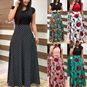 

Women Print Skirt Round Neck Short Sleeves Slim Fit Casual Skirt for Summer H9