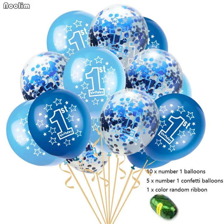 Blue-Light blue 16 шт./компл. для мальчиков и девочек, латексные воздушные шары конфетти, 1-й воздушный шар, день рождения, украшение душевой кабины, Детские неоновые Стикеры, 1 год - Цвет: Blue-Light blue