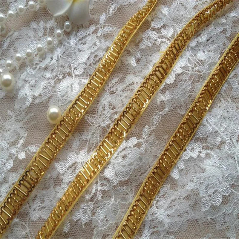 

1 Yards Gold Beaded Trims Lace Ribbon Clothes Decoration Wedding Dress Collar Sleeve African Lace Fabric Applique