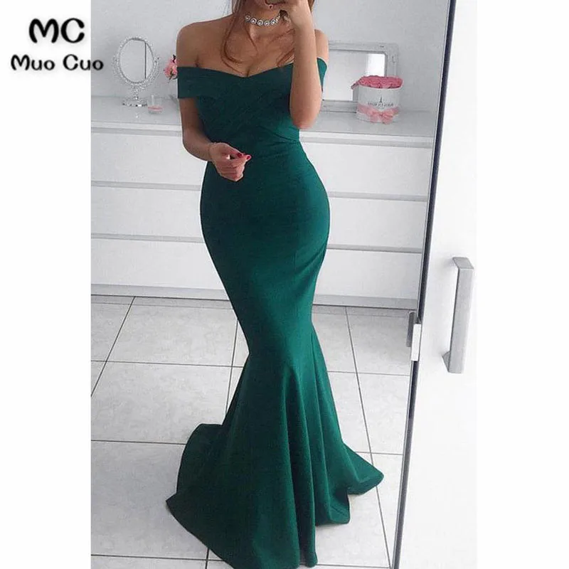 

Teal 2018 Mermaid Off Shoulder Evening Dresses Long Elastic Satin Zipper Back Short Sleeve Prom Gown Formal Evening Party Dress