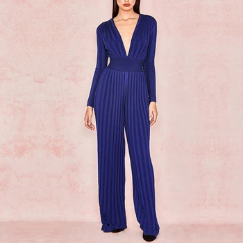 

Newest Celebrity Party Bandage Jumpsuit Women Blue Long Sleeve Deep V-Neck Sexy Night Out Boot Cut Full Length Jumpsuit Women