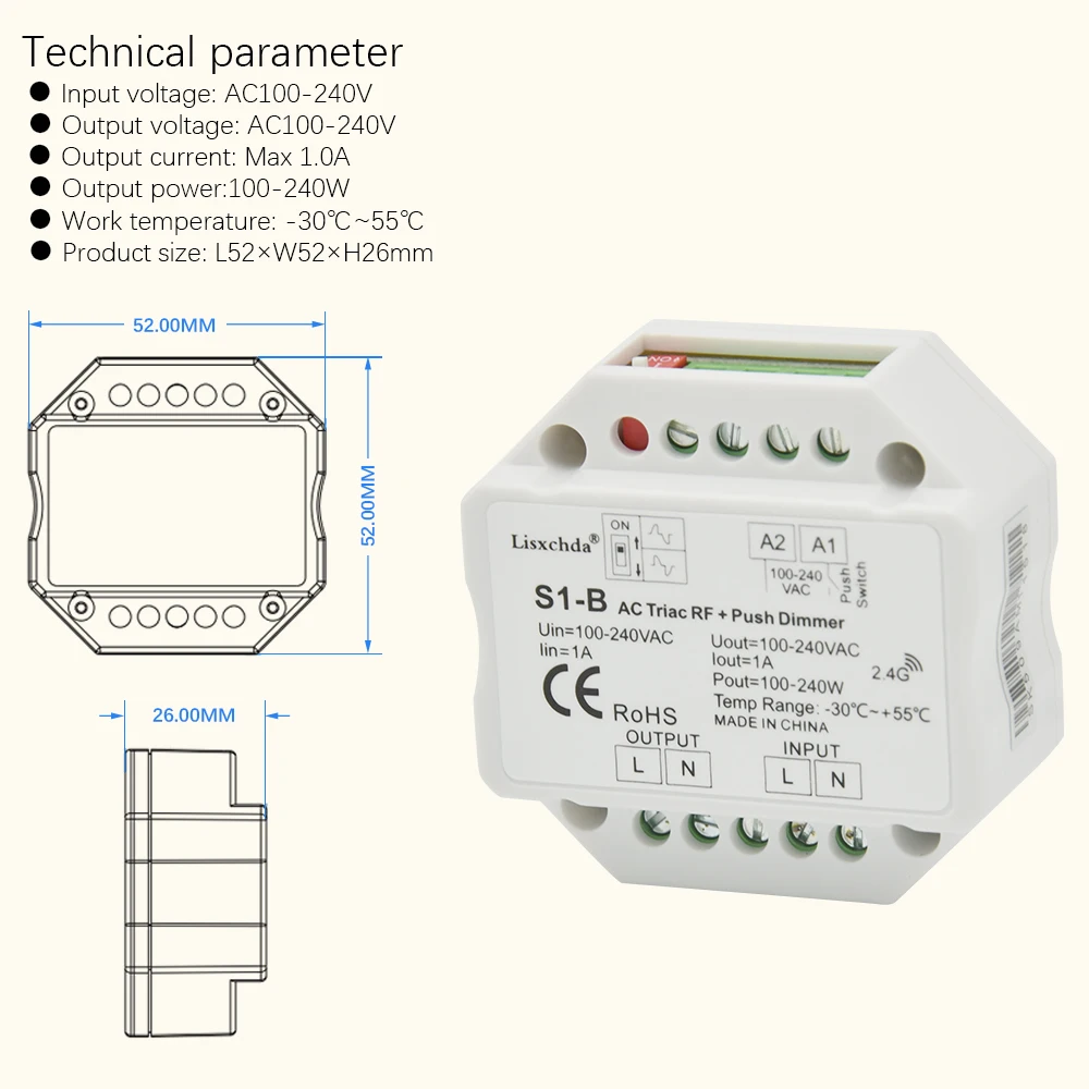 S1-B AC110v 220V 240V AC Triac RF Диммер выход 100-240VAC 1A 240W кнопочный диммер