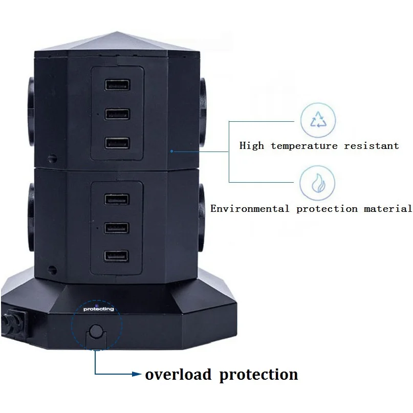 Вертикальный тип удлинителя 6 USB зарядное устройство адаптер электрический башенный тип розетка ЕС патч-панель защита от перегрузки умный разъем