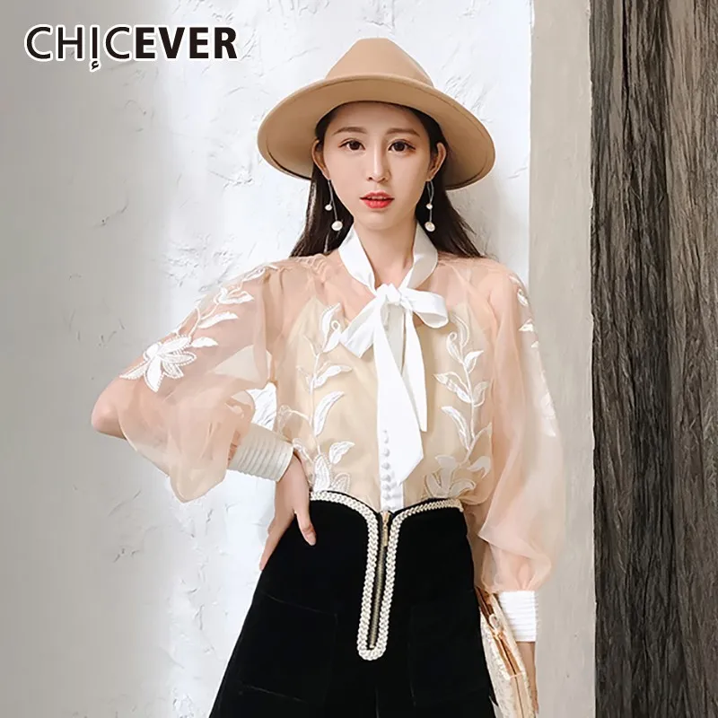 CHICEVER, топы с цветочной вышивкой, длинный рукав-фонарик, женская элегантная блузка, шифоновая рубашка, летняя корейская модная одежда, новинка