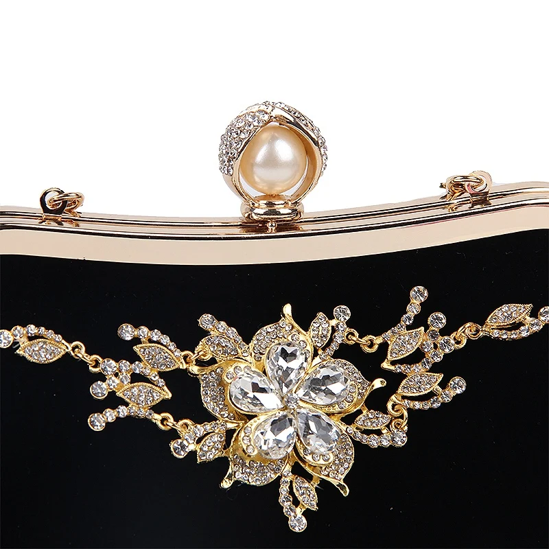 ICON Female Diamond Pearl Handbag Vintage Crystal Flower Evening Bag Wedding Party Bride Clutch Bag Purse