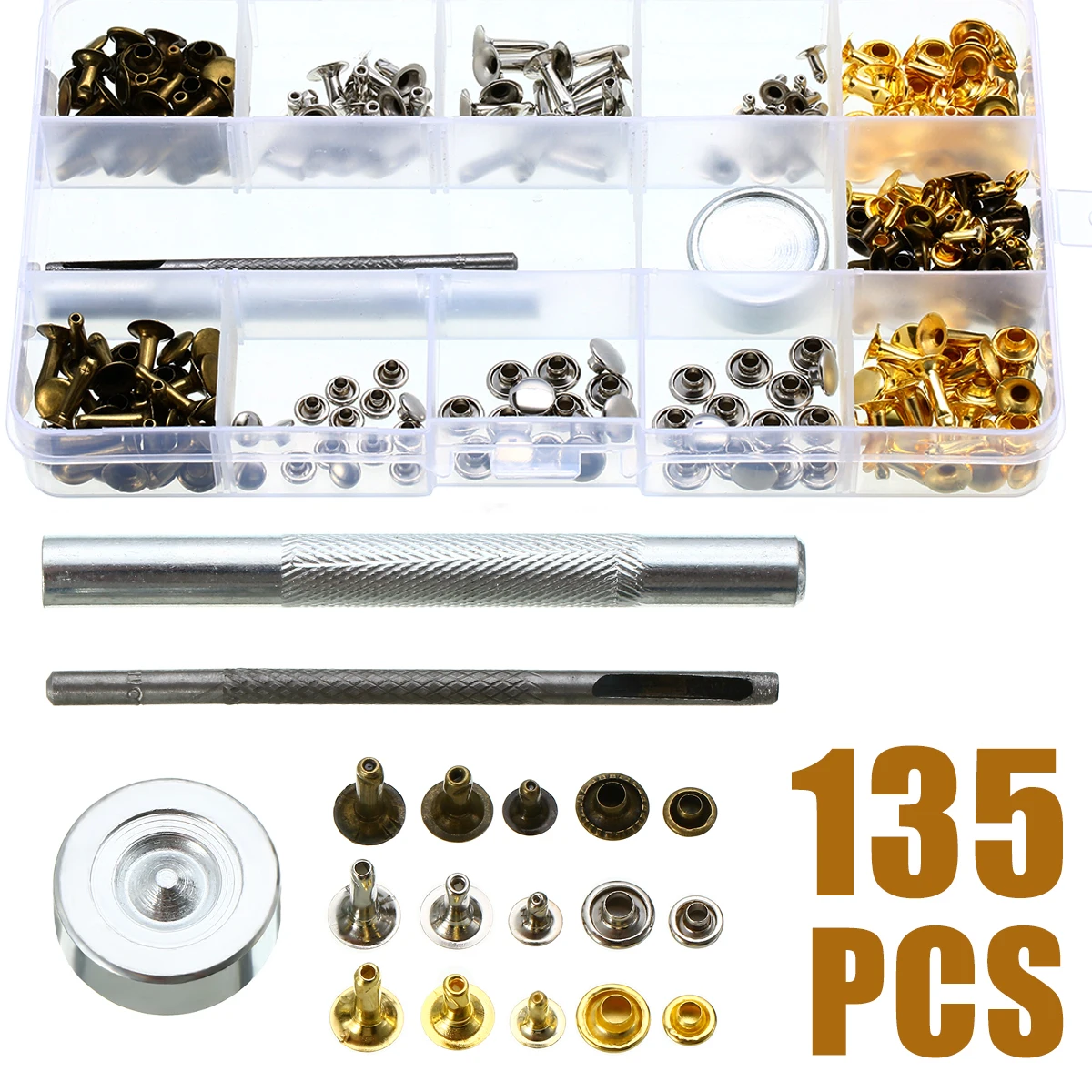 135pcs/set Snap Rivet Fastener Buttons For Leather Craft Hand Punch