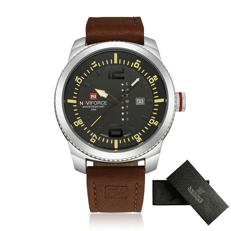 Роскошные брендовые кварцевые часы NAVIFORCE с датой, мужские повседневные военные спортивные часы, кожаные Наручные часы, мужские часы 9063 - Цвет: silver black