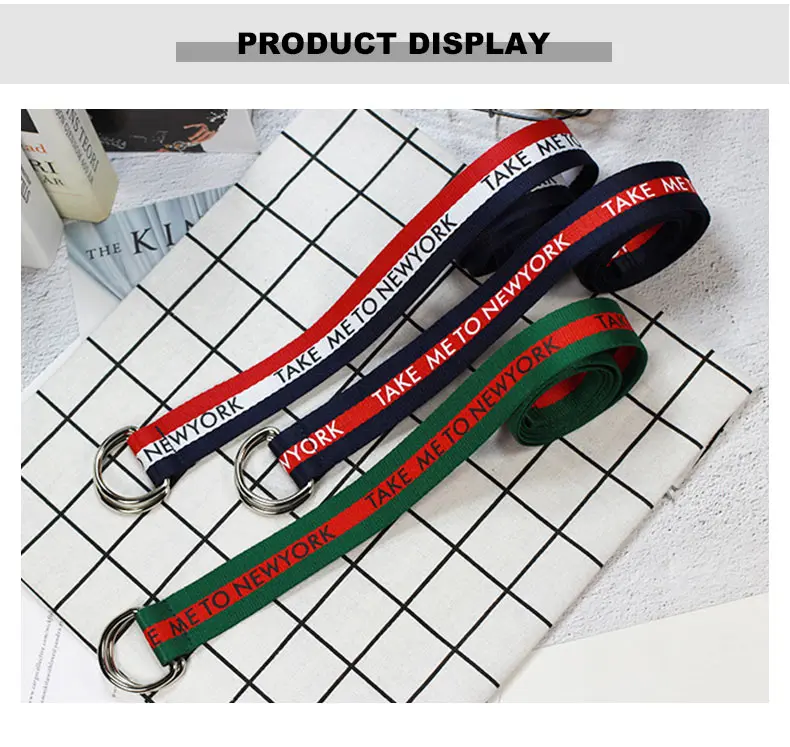 130cm Fashion Neutral Nylon Canvas Belt Printing English  D Ring Double Buckle Student Belt1 (5)