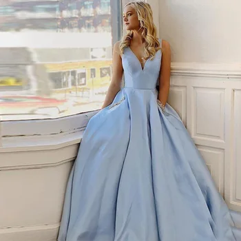 

Simple V-Neck Light Sky Blue Prom Dresses With Pockets A-line Special Occasion Gowns Women Formal Long Evening Celebrity Dresses