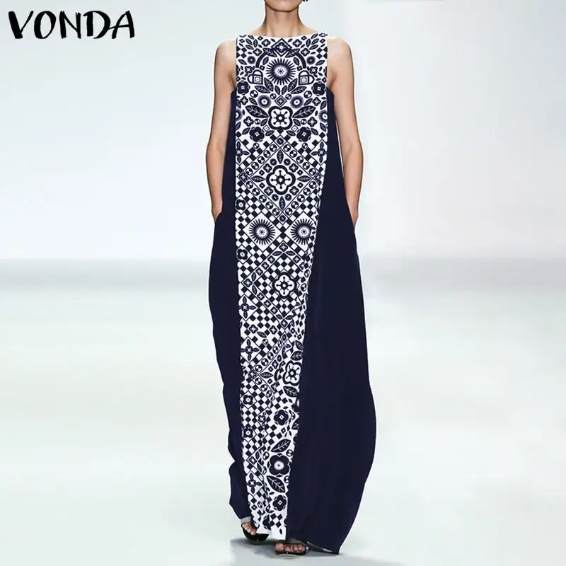 

VONDA Women Bohemian Dress Sexy Sleeveless Square Collar Print Party Maxi Long Dress 2019 Summer Casual Floor-Length Vestidos