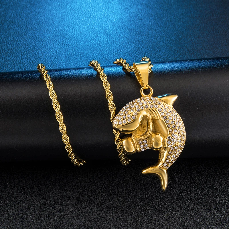 

Iced out Bling Gold Color Shark Stainless Steel Rhinestone Bright Ocean Necklaces & Pendants For Men HIP Hop Jewelry