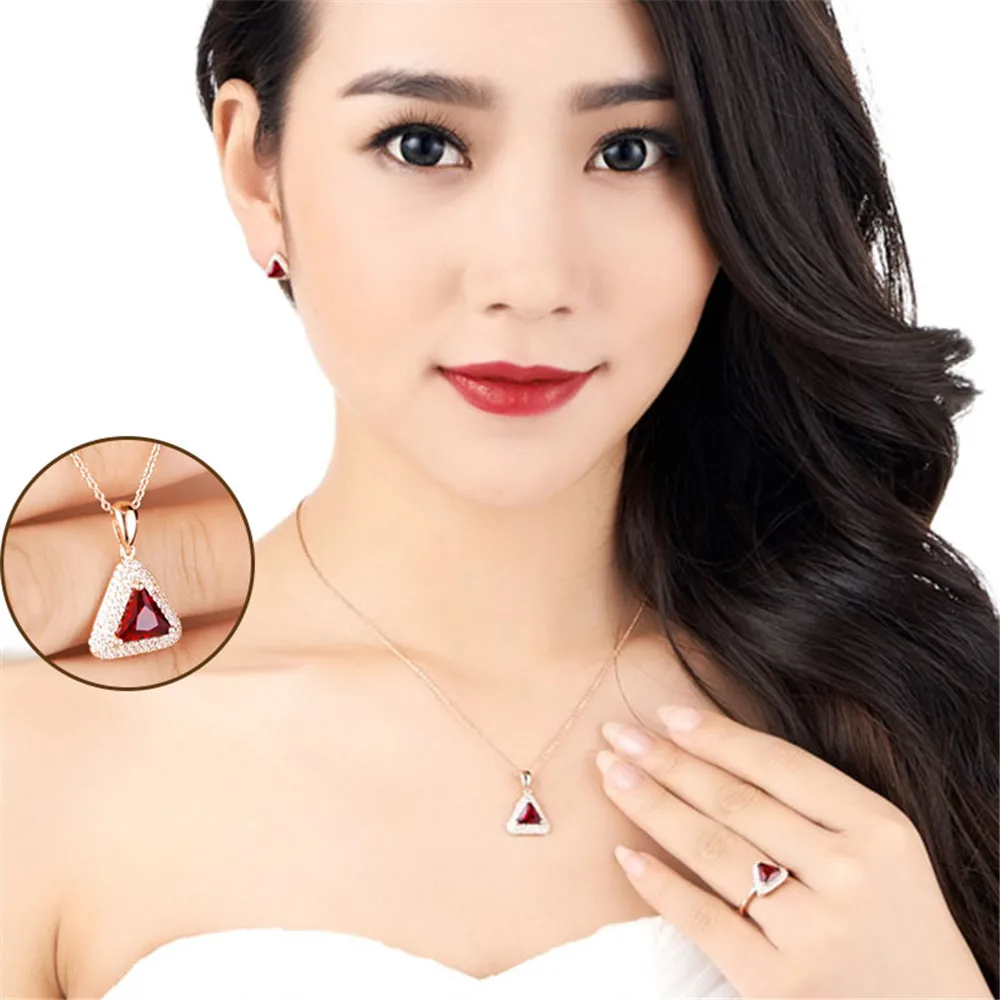 Shipei Sterling Silver Ruby Triangle Jewelry Set Rose Gold Stud Earrings Pendant Necklace Ring For Women Fine Jewelry