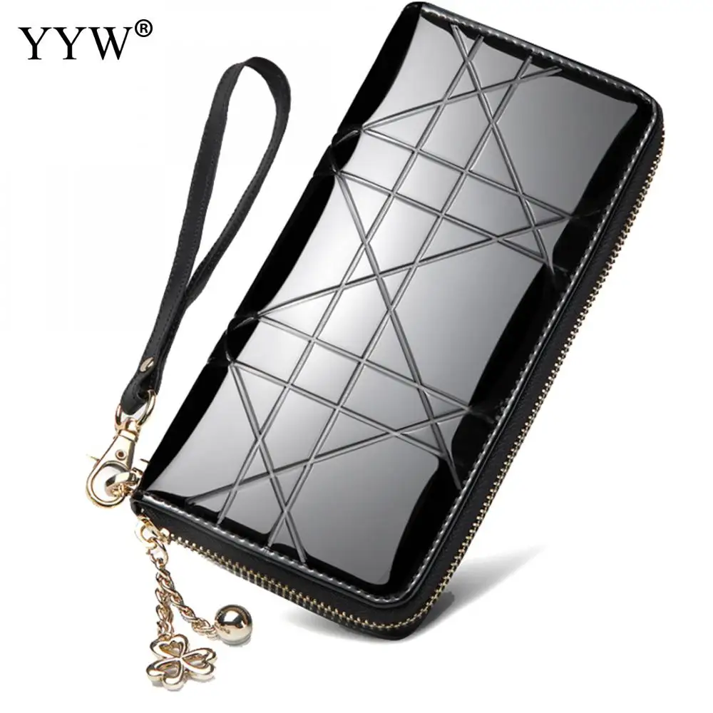 Black Bussiness Geometric Women's Purse Leather Long Wallet Women Black Clutch Bag with Cell Phone Pocket 6 Colors for Wholesale