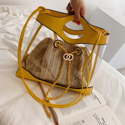 

2pcs Summer Fashion Transparent Bag Clear Pvc Plastic Tote Bag Straw Weave And Handbags Luxury Handbags Women Bags Designer Sac