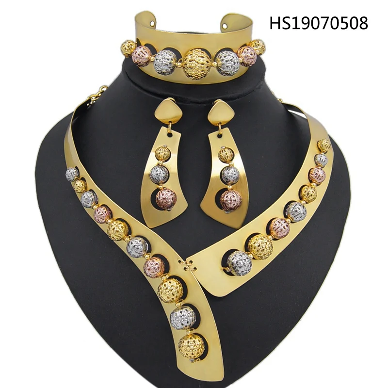 

Yulaili 2019 New Women Fashion Party Dubai Jewelry Sets Round Shape Necklace Pendant Earrings African Bracelet Wholesale