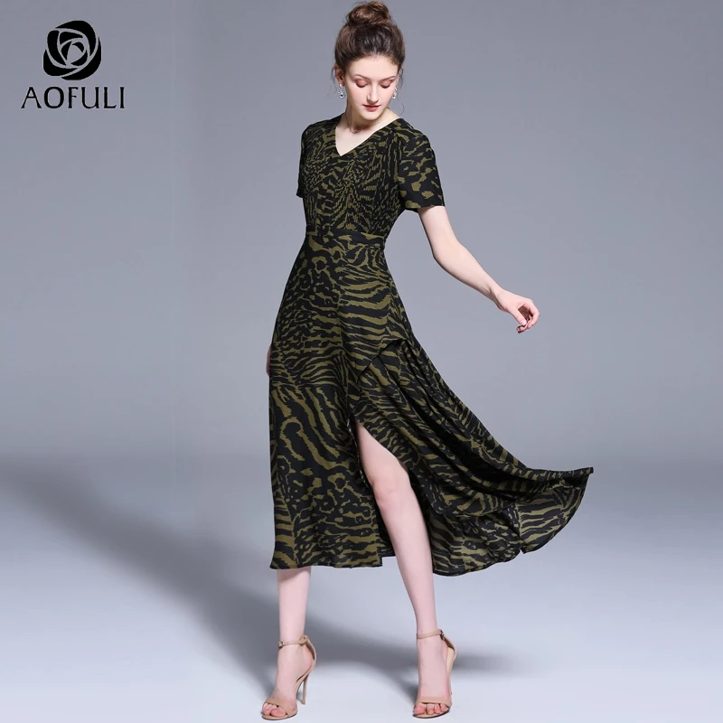 AOFULI L~ 4XL 5XL Сплит ассиметричное миди платье Дизайнерские летние плиссированный короткий рукав v-образный вырез до середины икры Длина принт платья A3978