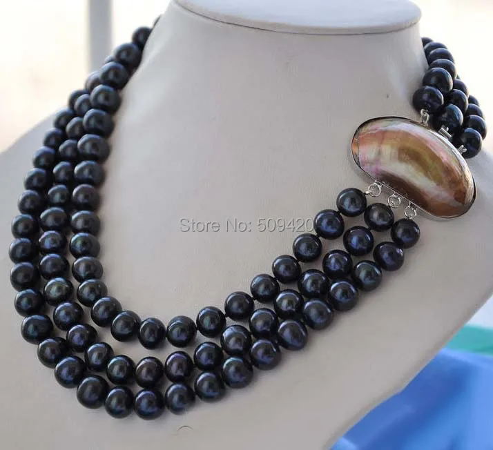 

Free Shipping >>>>3strands 10mm black round freshwater pearl necklace mabe clasp
