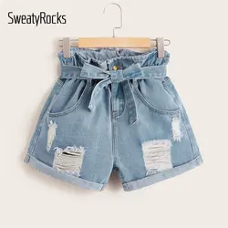 SweatyRocks рваные свернутые джинсовые шорты Уличная Повседневная Высокая талия шорты с поясом летние прямые женские однотонные шорты