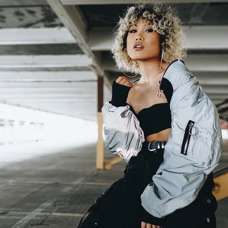 

Thin Women Relective Jacket 2019 Spring Summer Asymmetrical Zipper Hip-hop Short Bomber Jacket Female Streetwear Tops T35W09