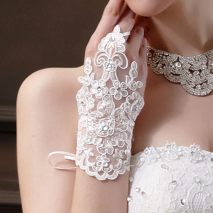 

Bride Party Fingerless Rhinestone Lace Satin Gloves