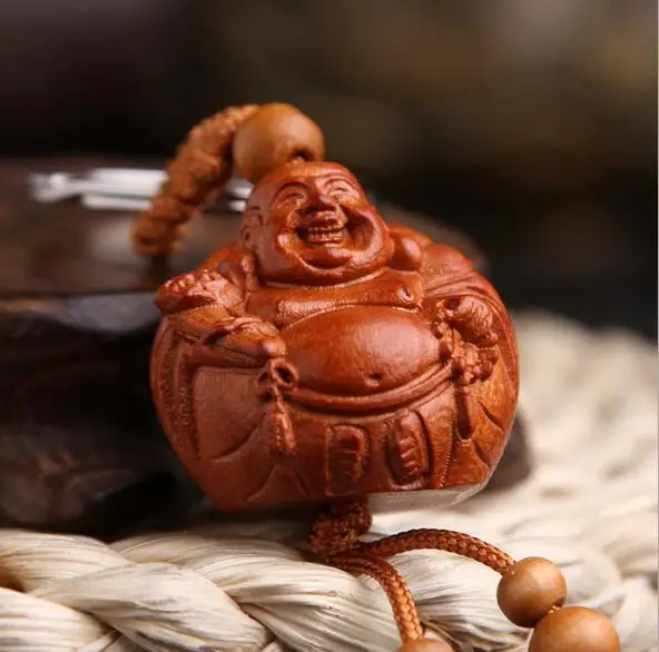 

New arrival natural wood smile Buddha charms keychain key ring for women men fashion key bag car decorate key chains jewelry