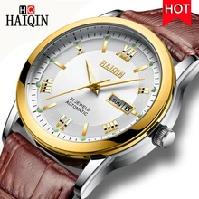 HAIQIN Mens Automatic Mechanical Watch Luxury Brand Luminous Wristwatch Waterproof Calendar Leather Watch Men Relogio Masculino