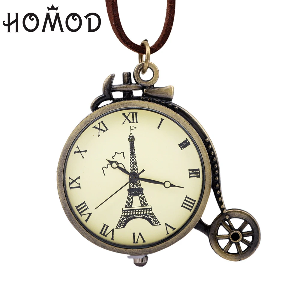 

HOMOD Vintage Paris Eiffel Tower Pocket Watch Mens Around Chain Necklace Colorful Womens Necklace
