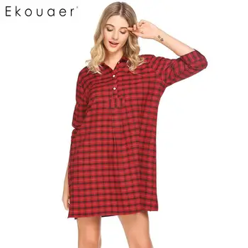 

Ekouaer Women Casual Stand Collar 3/4 Sleeve Plaid Button Split Hem Sleepwear Shirt Dress Shirt Sleepwear Women Sexy Plaid s Fas