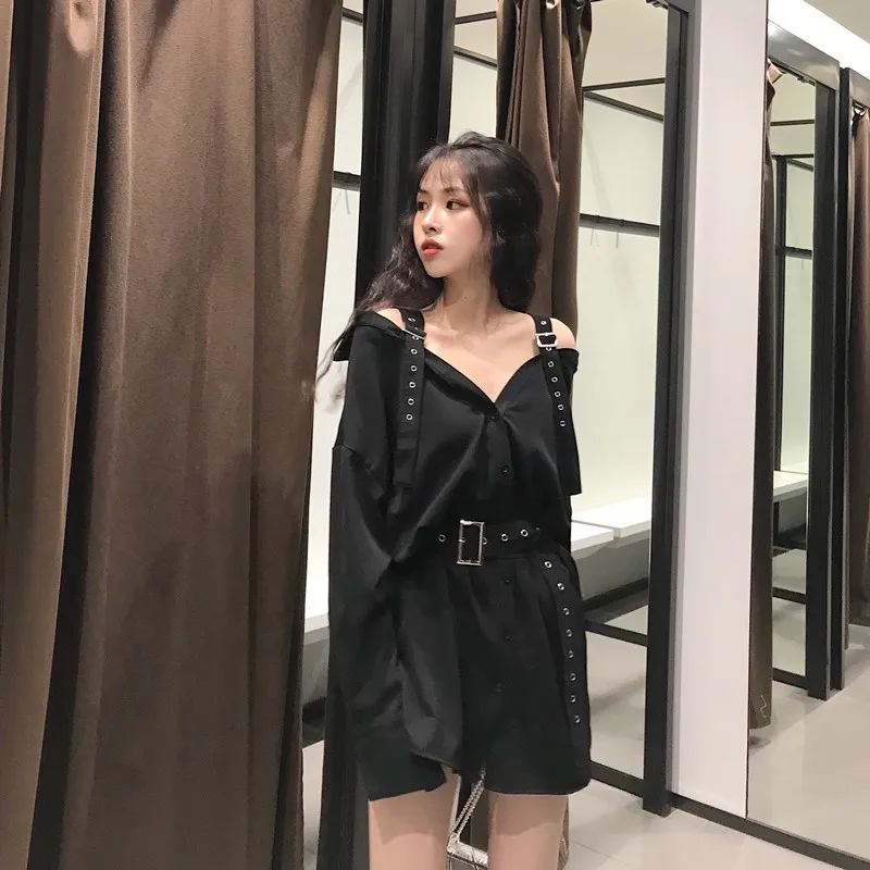 Autumn New Women's V-Neck Office Blouse Fashion Belt Buckle Off The Shoulder Long Shirts Solid Lady Blouse Black Tops
