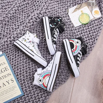 

Girls Fashion Children Canvas Shoes Lovely Unicorn Printed Pattern High Top Girls Black White Girl Sneakers Star Rainbow C07212