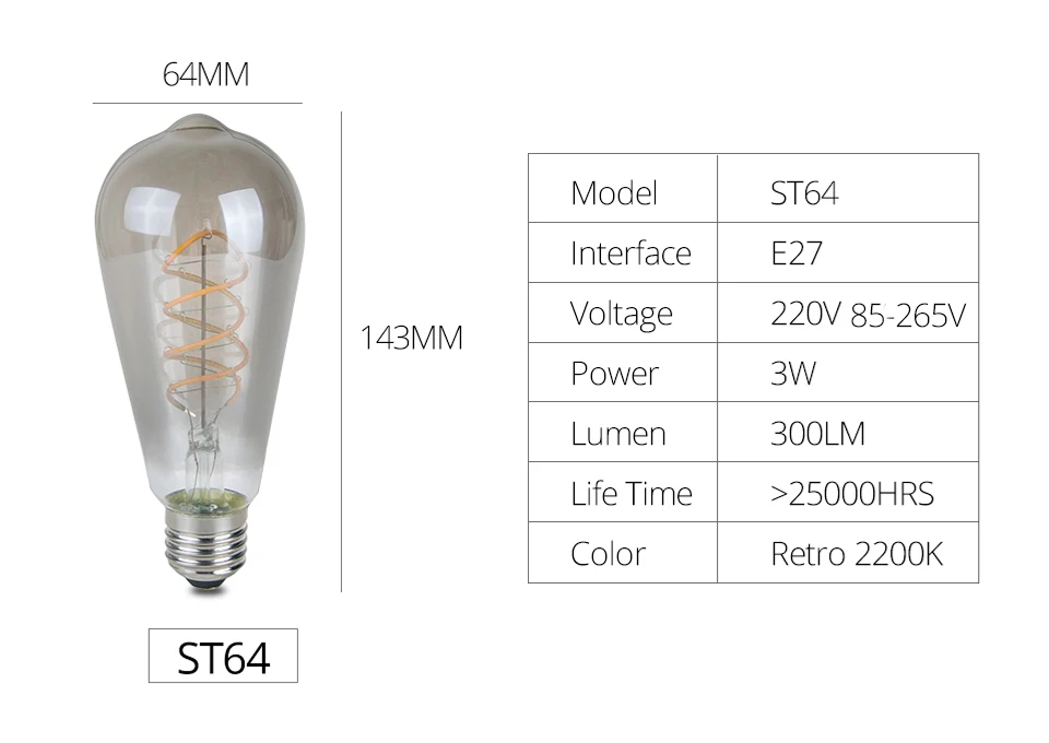 Затемняемый 3 Вт винтажный светодиодный светильник Эдисона, Сменные лампы накаливания E27 220 в 85-265 в Ретро лампа ST64 A60 G80 G95 Светодиодный светильник накаливания