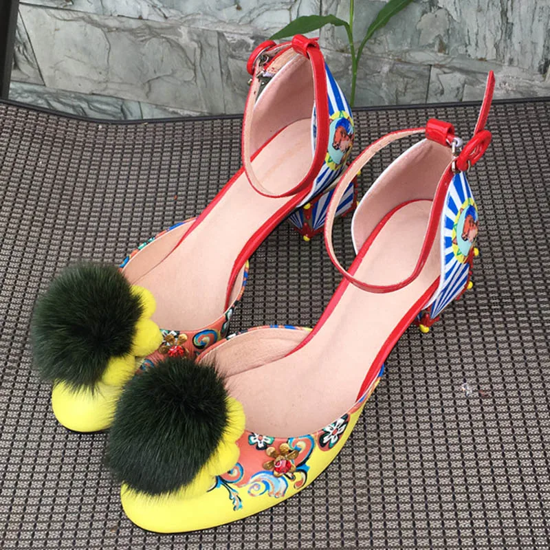 Women Sandals Fashion Print Strange Heel Pumps Fur Ball Metal Decoration 2018 Summer Ladies Dress Party High Heels Shoes Woman (1)
