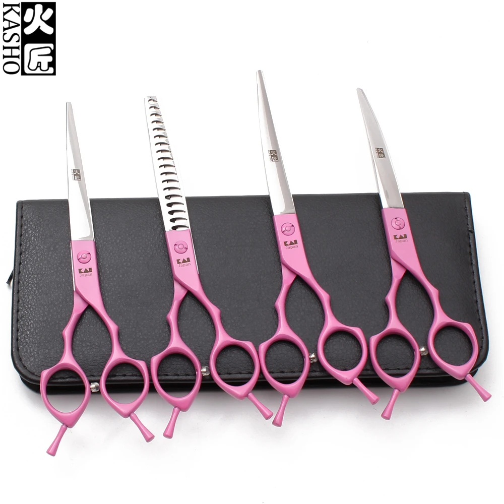 

H3009 7.0" Kasho JP 440C Pink Cats Straight Shears Puppy Thinning Scissors Down Curved Shears Pets Scissors Dogs Grooming Shears