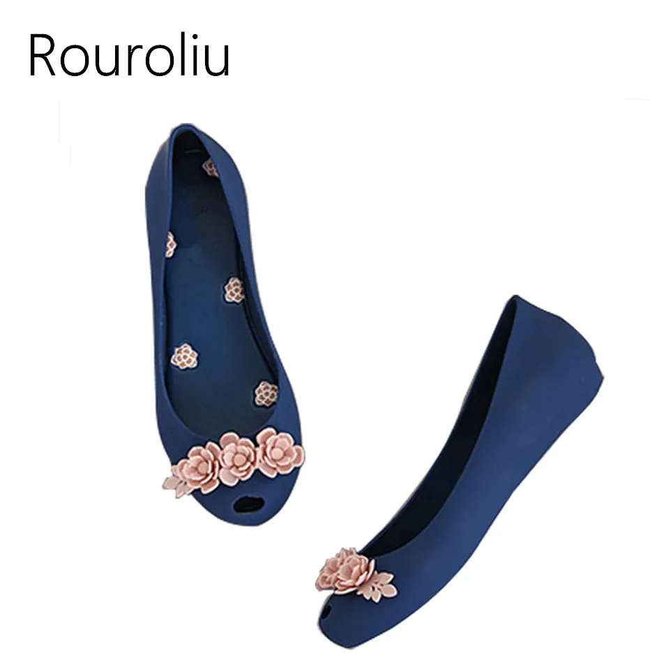 

Rouroliu Women New Shallow Peep Toe Jelly Shoes Sandals Summer Breathable Flower Beach Shoes Non-Slip Woman RB75