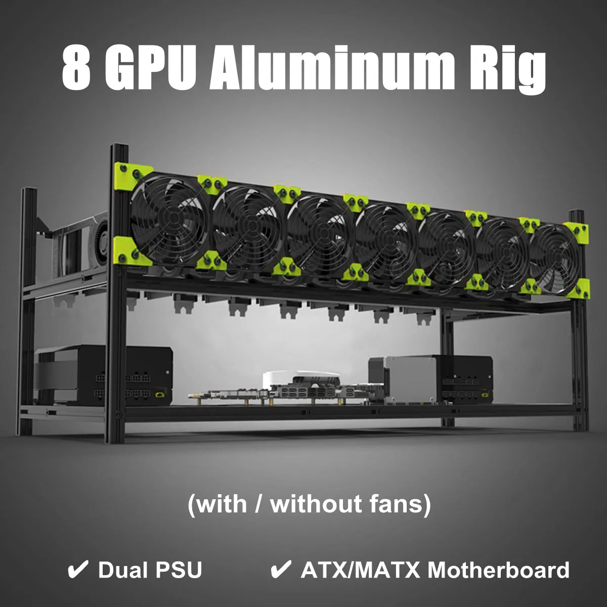 

Professional 8 GPU Mining Machine Case Mining Rig Aluminum Stackable Case Open Air Miner Frame Open Air Frame Supply With 7 Fans