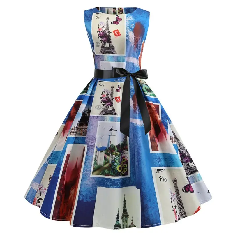 

Summer Elegant Party Beach Plus Size Vintage Graphic Women Midi Dresses Zipper Print Big Swing Pin Up Female Rockabilly Dress