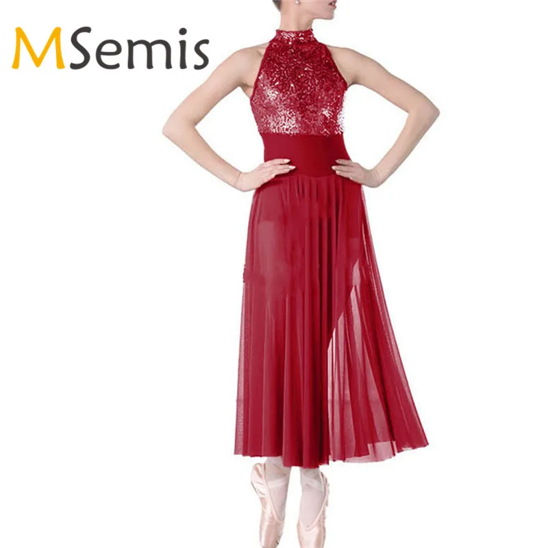 

Ballet Leotard for Women Ballet Dress Adult Dance Dress with Built-in Leotard Halter Sequined Mesh Sikrt for Stage Performance