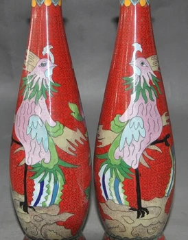 

10"chinese bronze cloisonne Auspicious Phoenix bird flower Statue Tanks Vase Jar