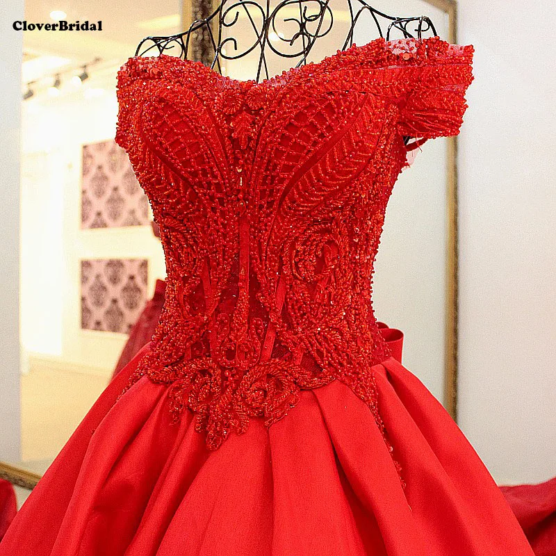 

2017 spring summer high quality bond illusion top heavily beaded red evening dress satin off-the-shoulder vestido de festa