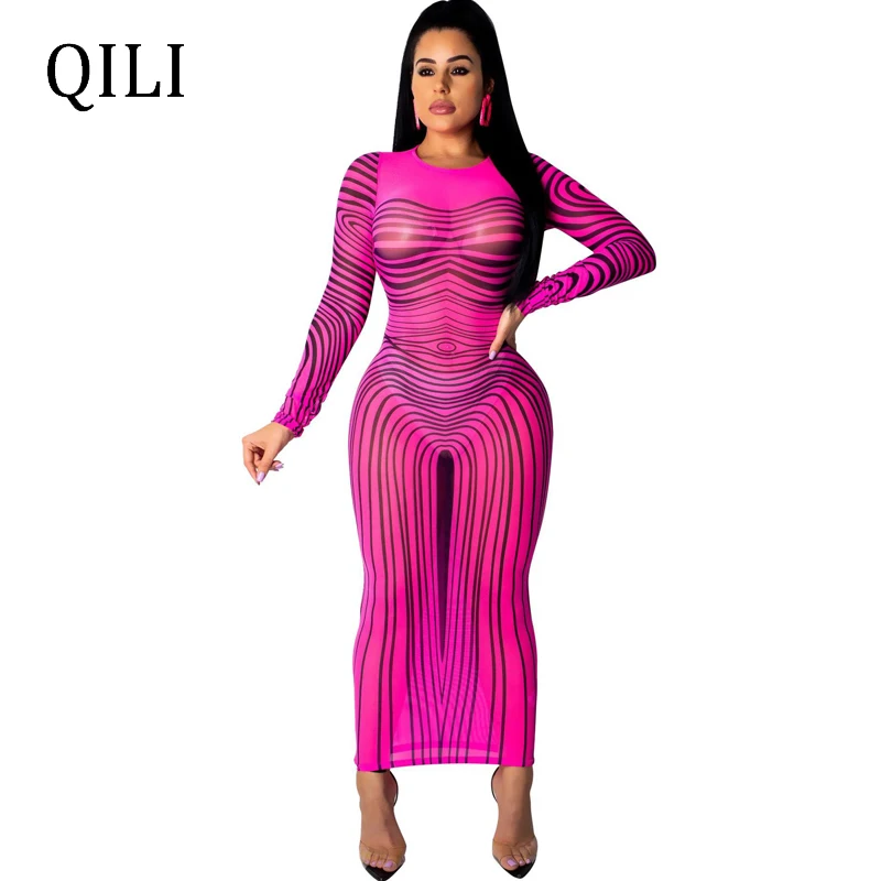 

QILI Women Long Sleeve O Neck Mesh Dress Striped Pint Long Style Pencil Dresses Thin Sexy Bodycon Slim Waist Dress