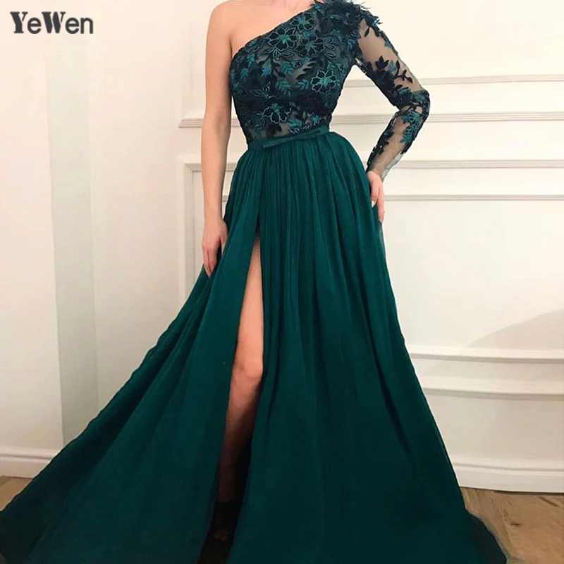 one shoulder long sleeve formal dress