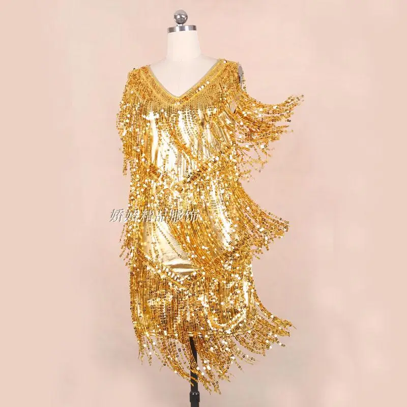 Новое Золотое Платье с кисточками и большим v-образным вырезом, платье для выступлений, юбка с кисточками, танцевальная одежда с блестками для взрослых