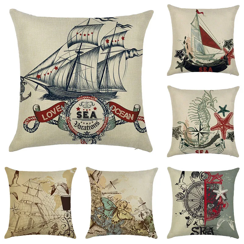 

mling 1PC Sailing Marine Element Linen Hug Pillowcase Series 45 * 45cm Seat Cushion Decorative