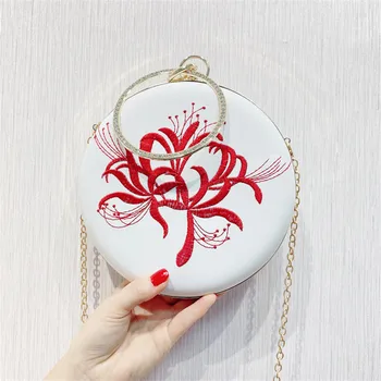 

Embroidery Flower Evening Bags Vintage Circular Handbags Purse Ladies Crossbody Shoulder Bag For Girls Wedding Bag Bolsos Female