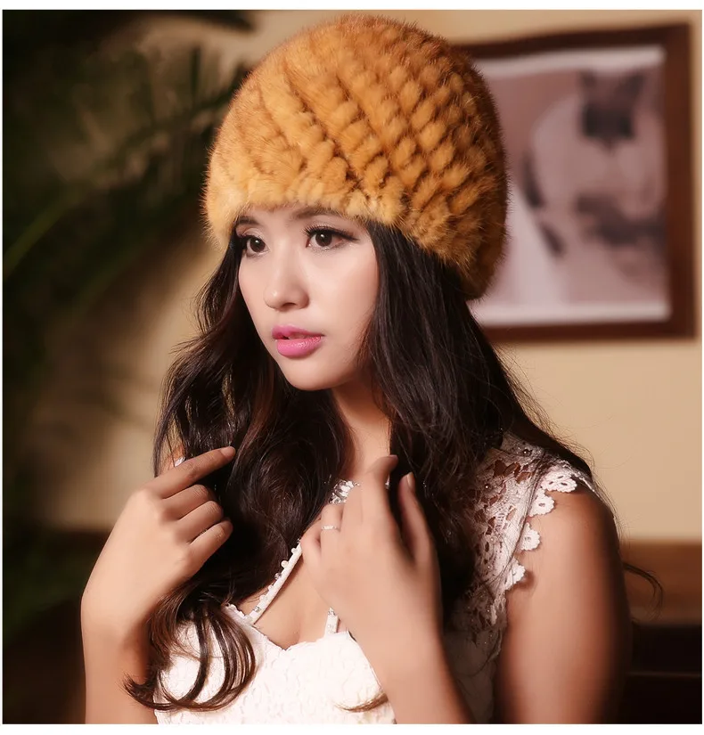 Women's Genuine Real Knitted Mink Fur Bomber Hats Female Winter Caps Ear Warmers Fashion Headgear