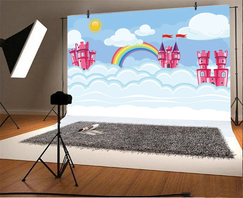 Laeacco Baby Party Cartoon Castle Rainbow Clouds  Photography Backgrounds Customized Photographic Backdrops For Photo Studio