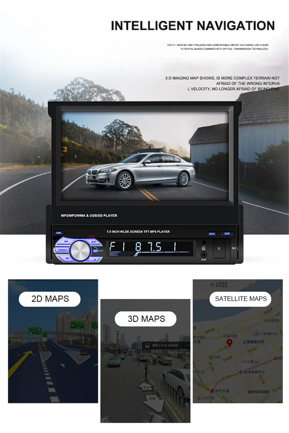 Discount 7 Inch 1Din Retractable Screen Car Radio Stereo Android 9.1 Quad Core Car MP5 Multimedia Player GPS Navigation WiFi FM RDS Radio 8